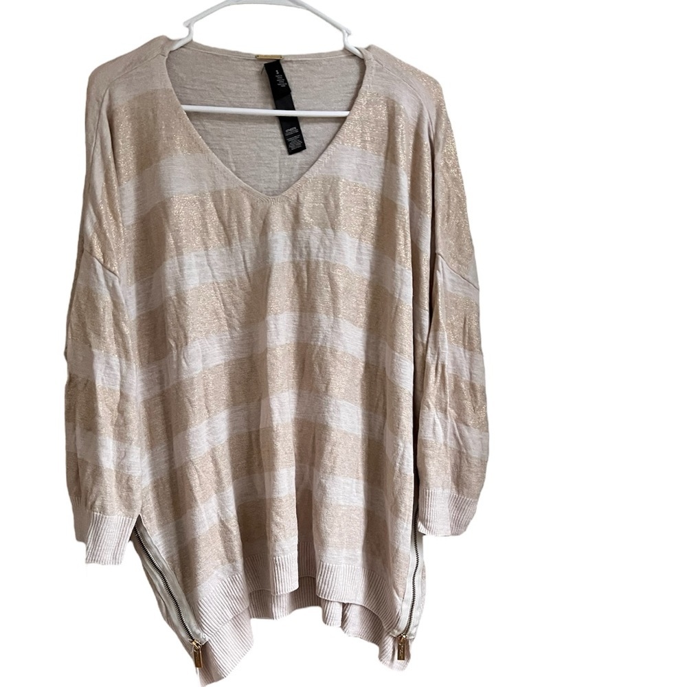 Chico's size 3 gold beige striped sweater zip sides